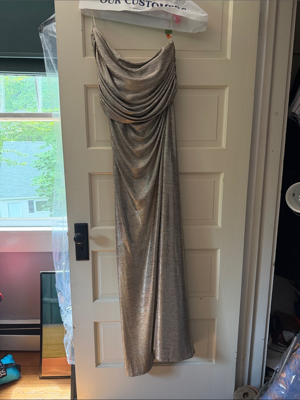 Alex Evening Metallic Draped Maxi Dress - Silver